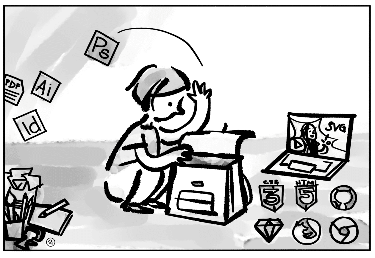 Cartoon zeigt eine Person, die in einer Schultasche kramt, mit einem Laptop im Hintergrund