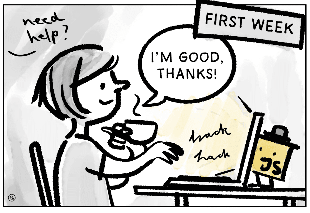 Cartoon zeigt eine zufriedene Person mit einer Kaffeetasse vor einem Laptop