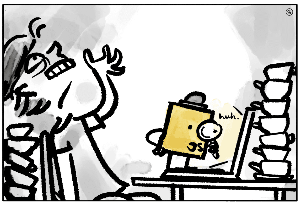 Cartoon zeigt eine verzweifelte Person vor einem Laptop, das JavaScript-Logo untersucht den Laptop mit einer Lupe