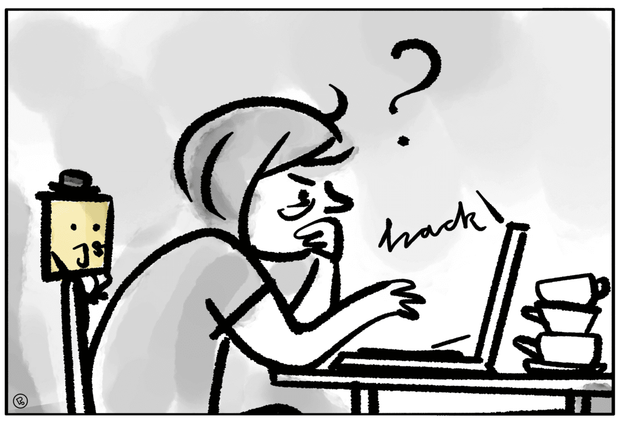 Cartoon zeigt eine verwirrte Person mit Fragezeichen über dem Kopf vor einem Laptop