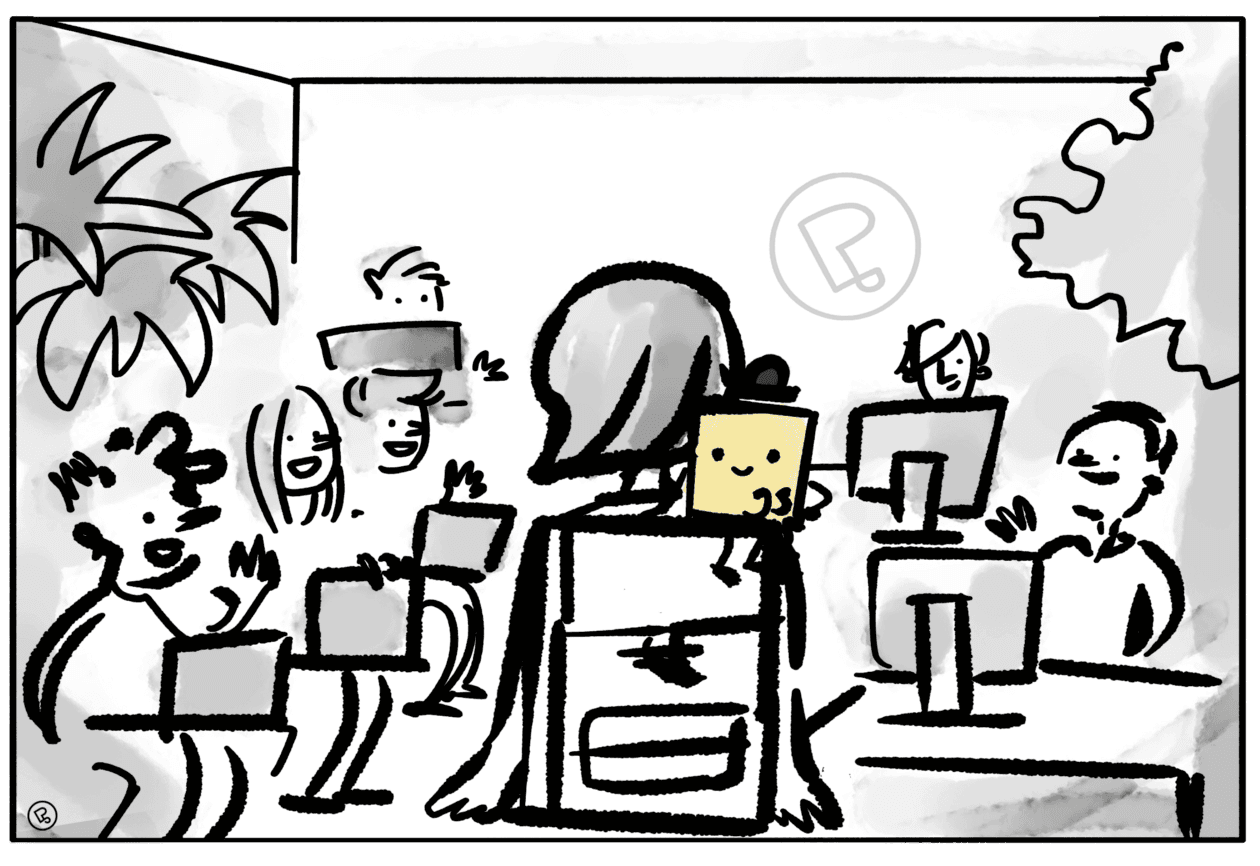 Cartoon zeigt die Person mit der Schultasche und dem JavaScript-Logo auf der Schulter, wie sie ein Büro betritt, während Leute vor Laptops winken