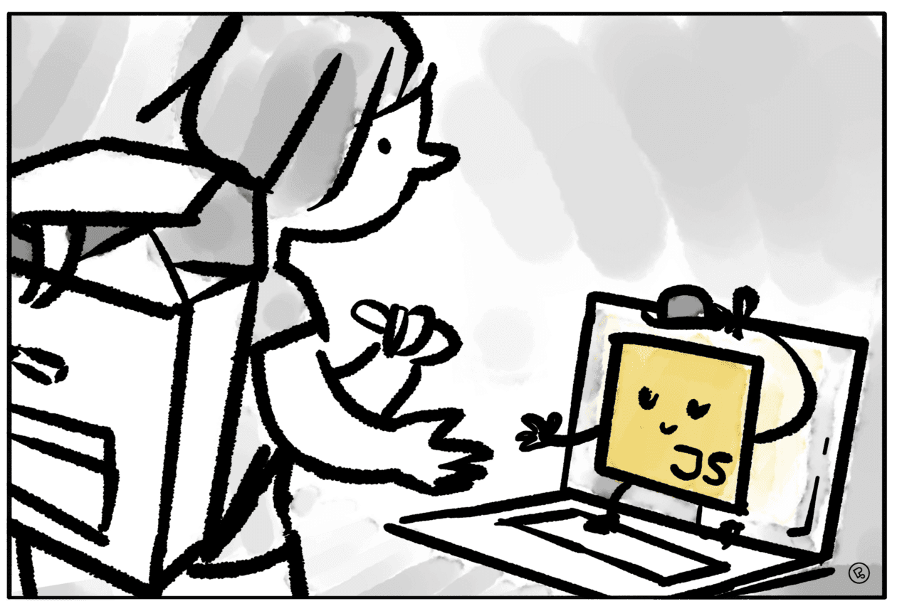 Cartoon zeigt eine Person mit Schultasche vor einem Laptop und das JavaScript-Logo als Figur, die "Hallo" sagt