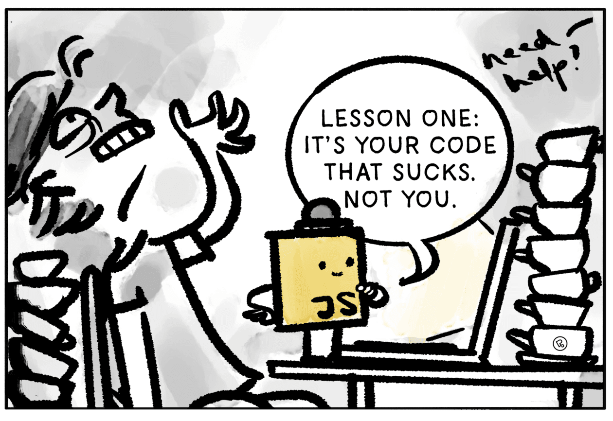 Cartoon zeigt eine verzweifelte Person vor einem Laptop, das JavaScript-Logo untersucht den Laptop mit einer Lupe und spricht mit der Person