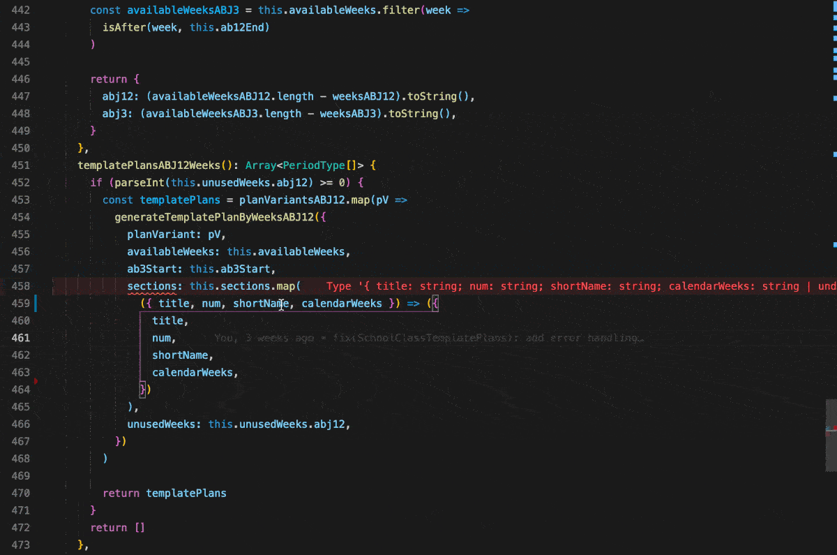 Screenshot einer TypeScript Intellisense Fehlermeldung und deren Auflösung